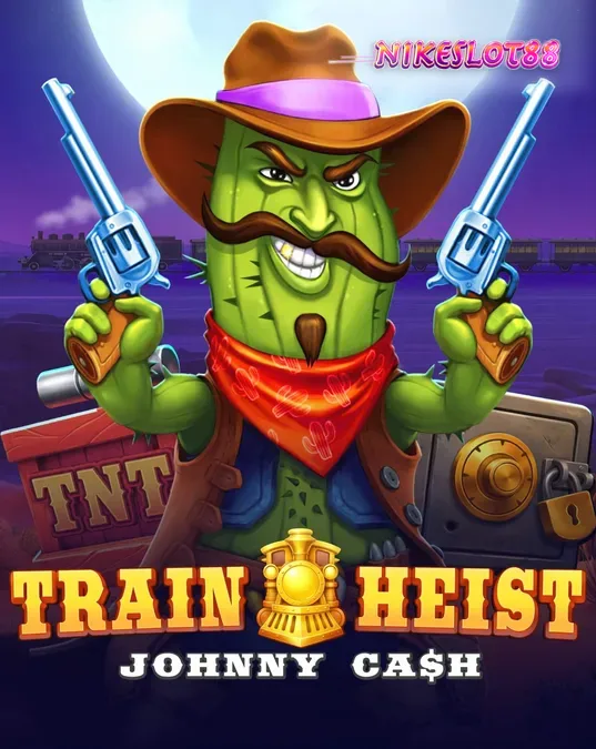 Karakter koboi Johnny Cash di depan latar belakang kereta api dalam slot Train Heist